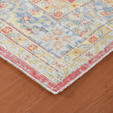 Vintage medallion power-loom rug with burgundy red, teal, and cream border and pattern