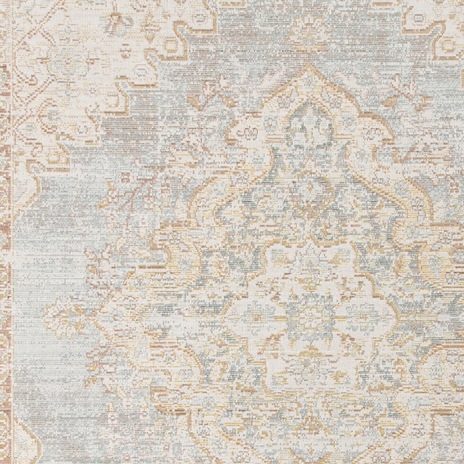 Detailed rug field with distressed medallion motifs in light ivory, gray, and gold