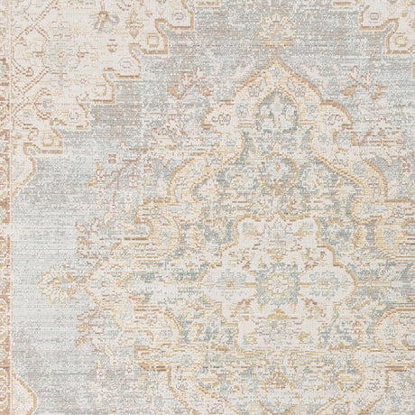 Detailed rug field with distressed medallion motifs in light ivory, gray, and gold