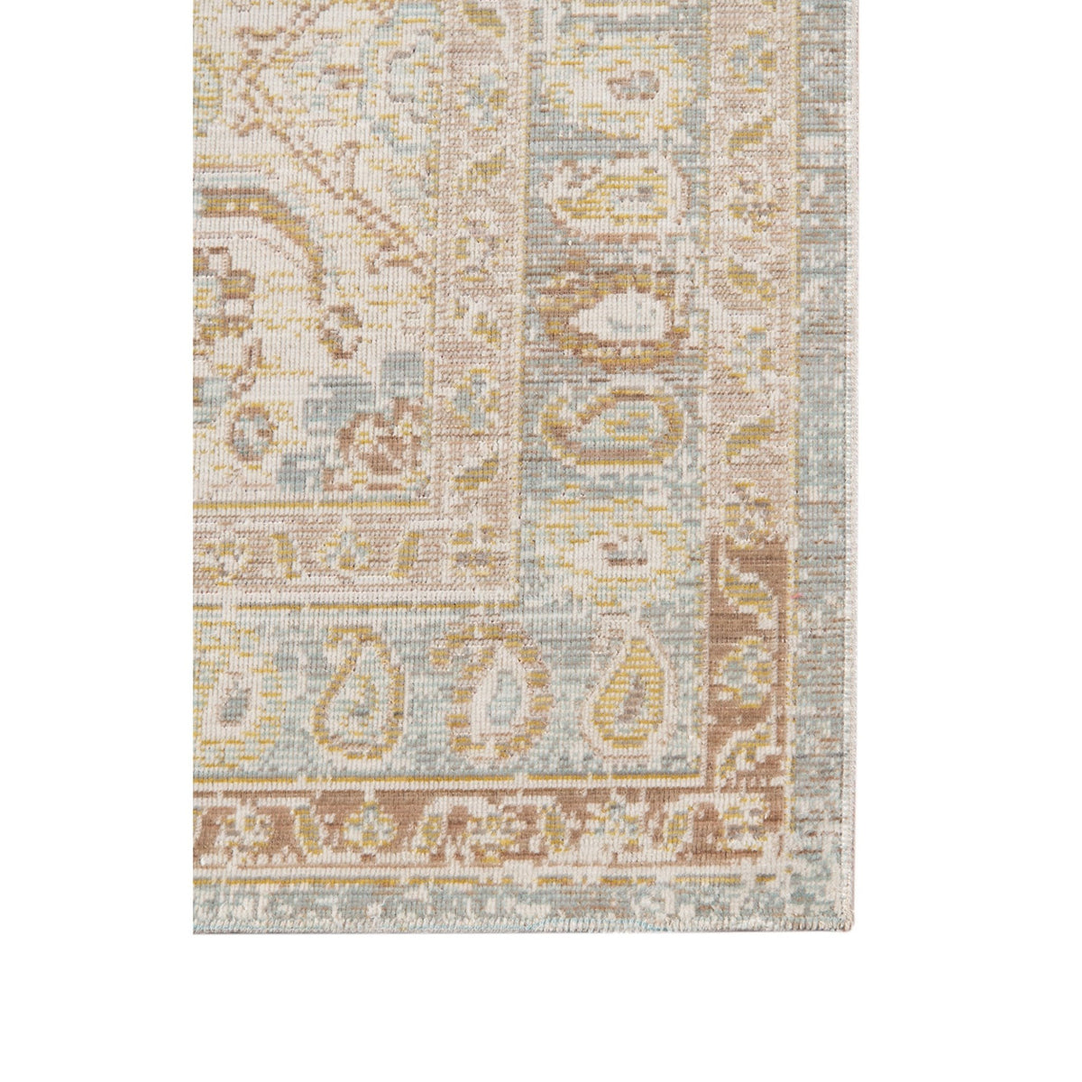 Rectangular area rug corner with vintage medallion pattern and multicolor border