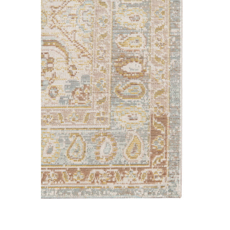 Rectangular area rug corner with vintage medallion pattern and multicolor border