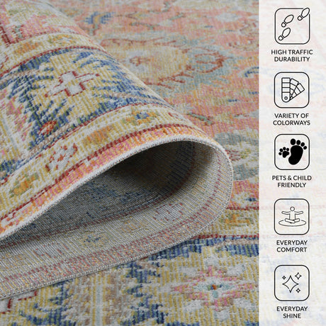 Area rug rolled edge on blue and coral multicolor pattern, soft texture