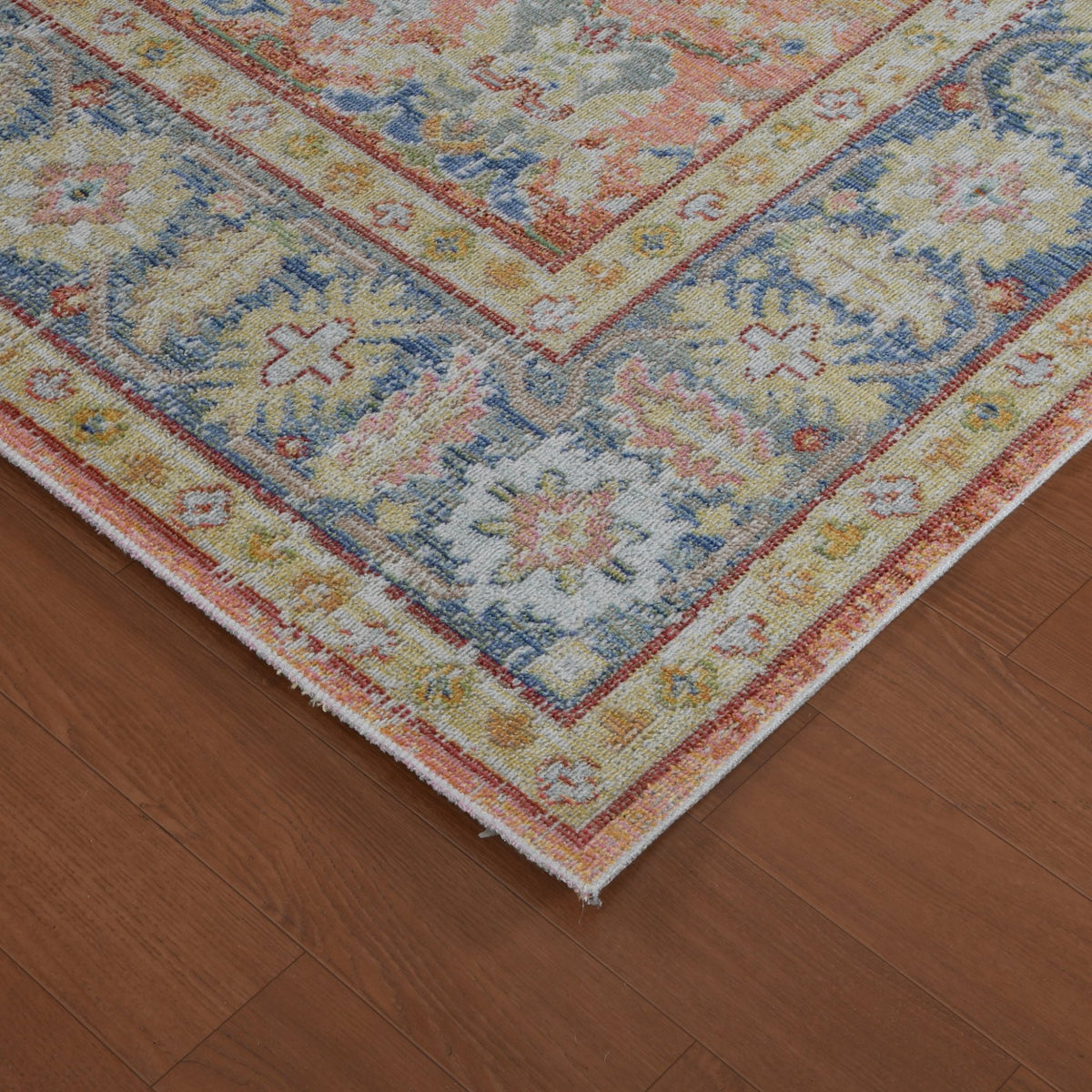 Rectangle area rug with distressed medallion border and multicolor weave