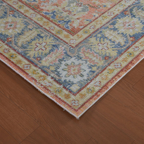 Rectangle area rug with distressed medallion border and multicolor weave