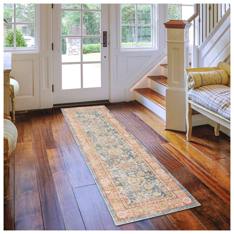 Amer Century vintage medallion runner rug on hardwood floor, multicolor distressed medallion