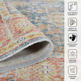 Amer Century vintage medallion rug in navy/pink multicolor, rolled edge close-up