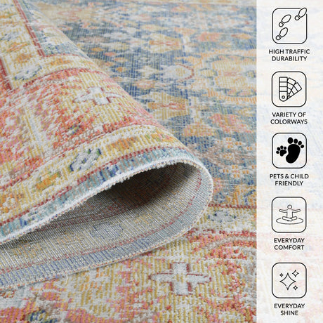 Amer Century vintage medallion rug in navy/pink multicolor, rolled edge close-up