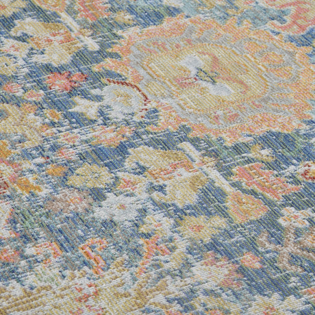 Amer Century vintage medallion rug, all-over multicolor distressed pattern, flat view