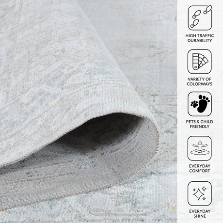 Sea mist vintage medallion area rug rolled edge with distressed light-blue pattern