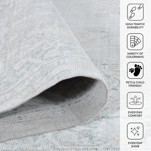 Sea mist vintage medallion area rug rolled edge with distressed light-blue pattern