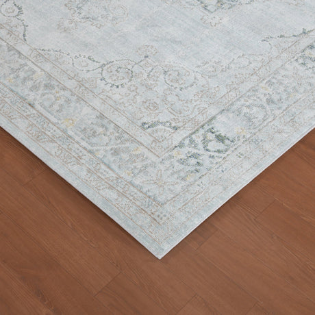 Sea mist vintage medallion area rug corner with border trim and distressed pattern