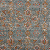 Teal area rug with diamond lattice and multicolor distressed motif pattern