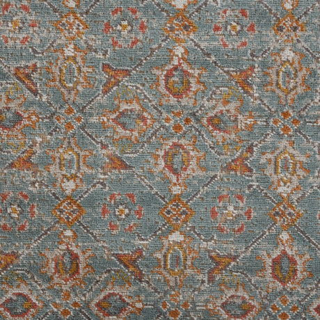 Teal area rug with diamond lattice and multicolor distressed motif pattern
