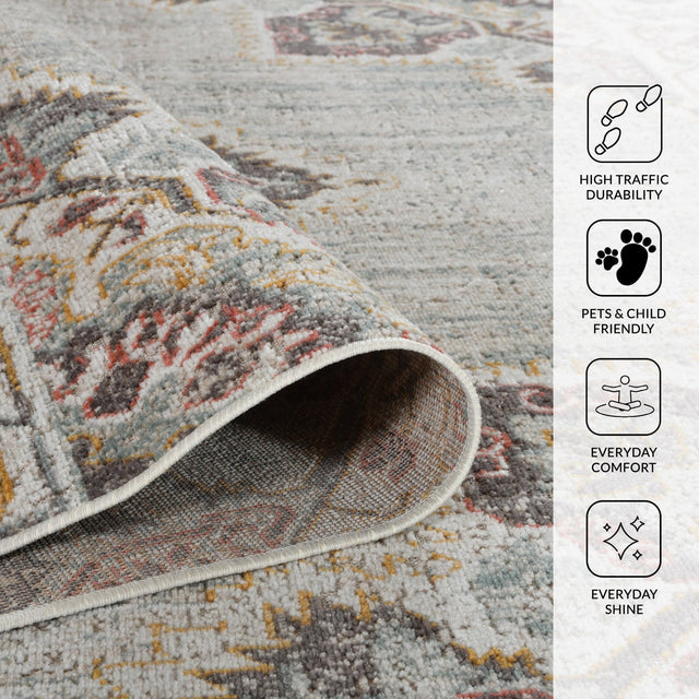 Beige area rug rolled edge with durability and pet-friendly feature icons