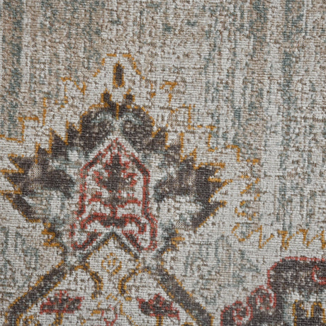 Beige and sand area rug medallion design with distressed rust and dark accents