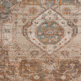 Taupe medallion area rug with distressed multi-color pattern and central circular motif