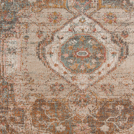Taupe medallion area rug with distressed multi-color pattern and central circular motif