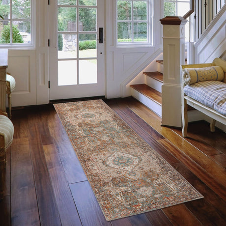 Taupe farmhouse medallion area rug, rectangular shape with multicolor distressed center