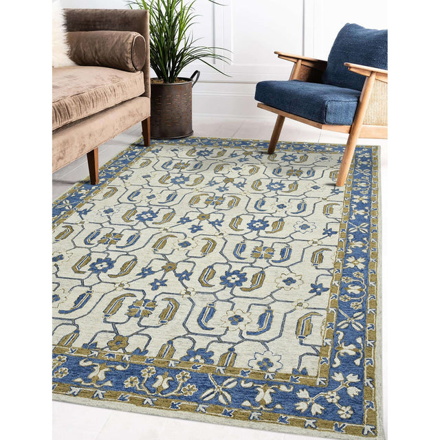 Hand-hooked floral area rug with cream background, royal blue and gold geometric floral pattern