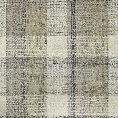Full plaid design on hand-tufted rug in ivory, sand, and charcoal grid blocks.
