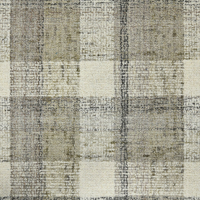 Full plaid design on hand-tufted rug in ivory, sand, and charcoal grid blocks.