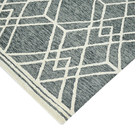 Top view of gray rug featuring off-white geometric cross-and-grid motif