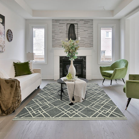 Gray geometric area rug with off-white lattice lines, rectangular hand-hooked style