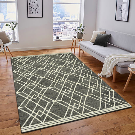 Rectangle hand-hooked area rug featuring dark khaki and off-white geometric lattice design.