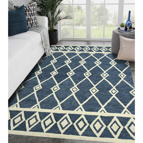 Navy rectangular area rug with cream geometric lattice pattern and plush textured pile