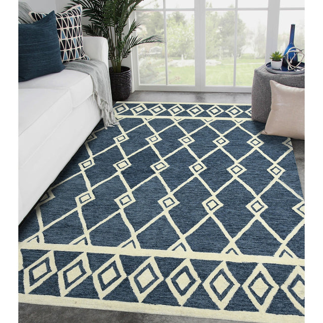 Navy rectangular area rug with cream geometric lattice pattern and plush textured pile