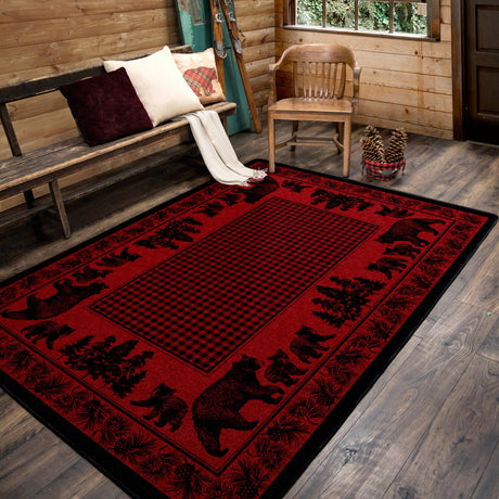 American Dakota Bear Family Red Rug - 0116RED234