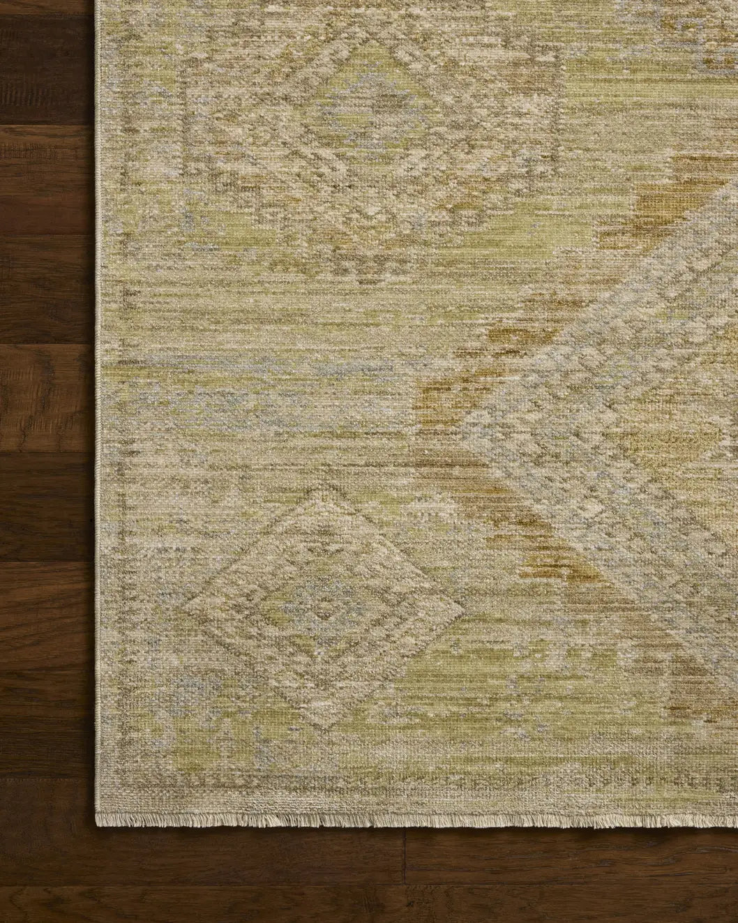 Loloi Elora ELR-09 Traditional Power Loomed Pistachio, Clay Rug - corner on wood
