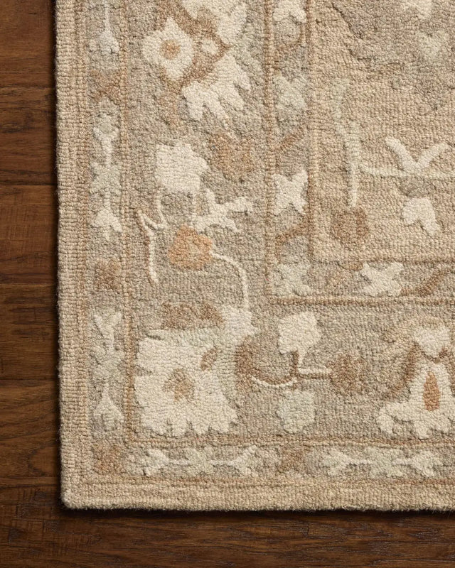 Chris Loves Julia x Loloi Dorothea DRT-02 Khaki / Dove Rug - corner on wood