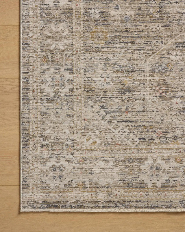 Chris Loves Julia x Loloi Ida IDA-01 Taupe / Multi Rug - corner on wood