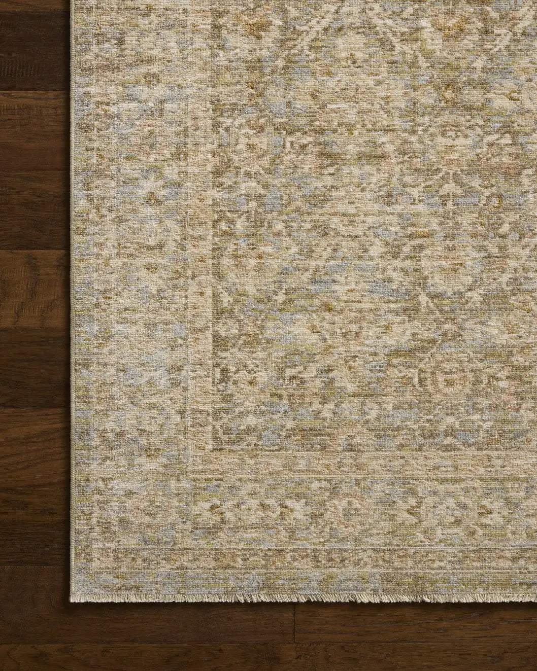 Loloi Elora ELR-05 Traditional Power Loomed Sky, Terracotta Rug - corner on wood
