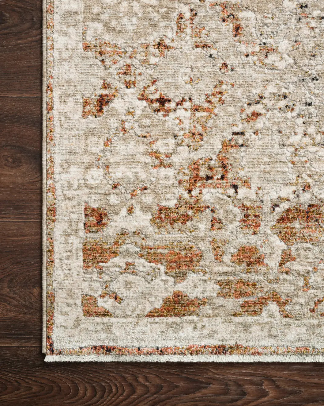 Loloi Theia The-07 Natural/Rust Rug - corner on wood