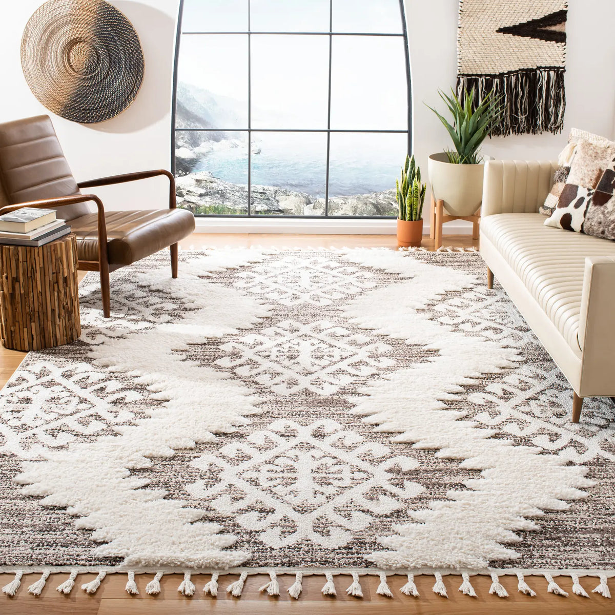 Safavieh Moroccan Tassel Shag 10'-0" x 14'-0" Rug in Ivory / Brown