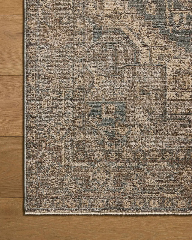 Loloi Priscilla PRL-04 Blue / Bark Rug - corner on wood