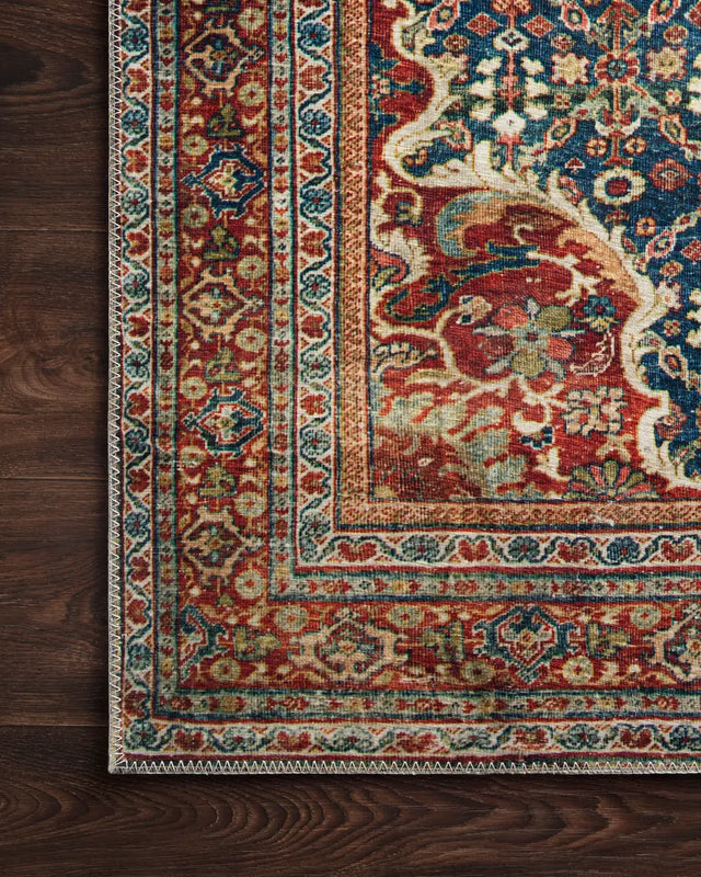 Loloi Layla Lay-09 Cobalt Blue / Spice Rugs - corner on wood