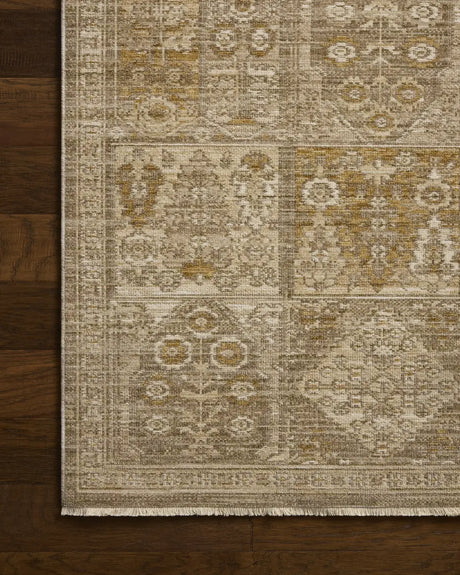 Loloi Elora ELR-07 Traditional Power Loomed Mushroom, Ochre Rug - corner on wood