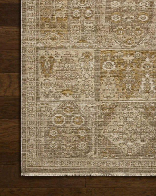 Loloi Elora ELR-07 Traditional Power Loomed Mushroom, Ochre Rug - corner on wood