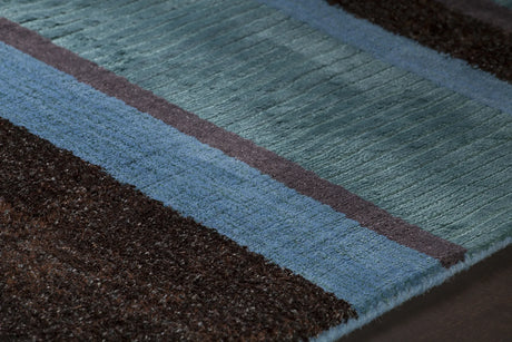 Chandra Amigo AMI-30502 Blue and Grey and Charcoal rug, side detail view