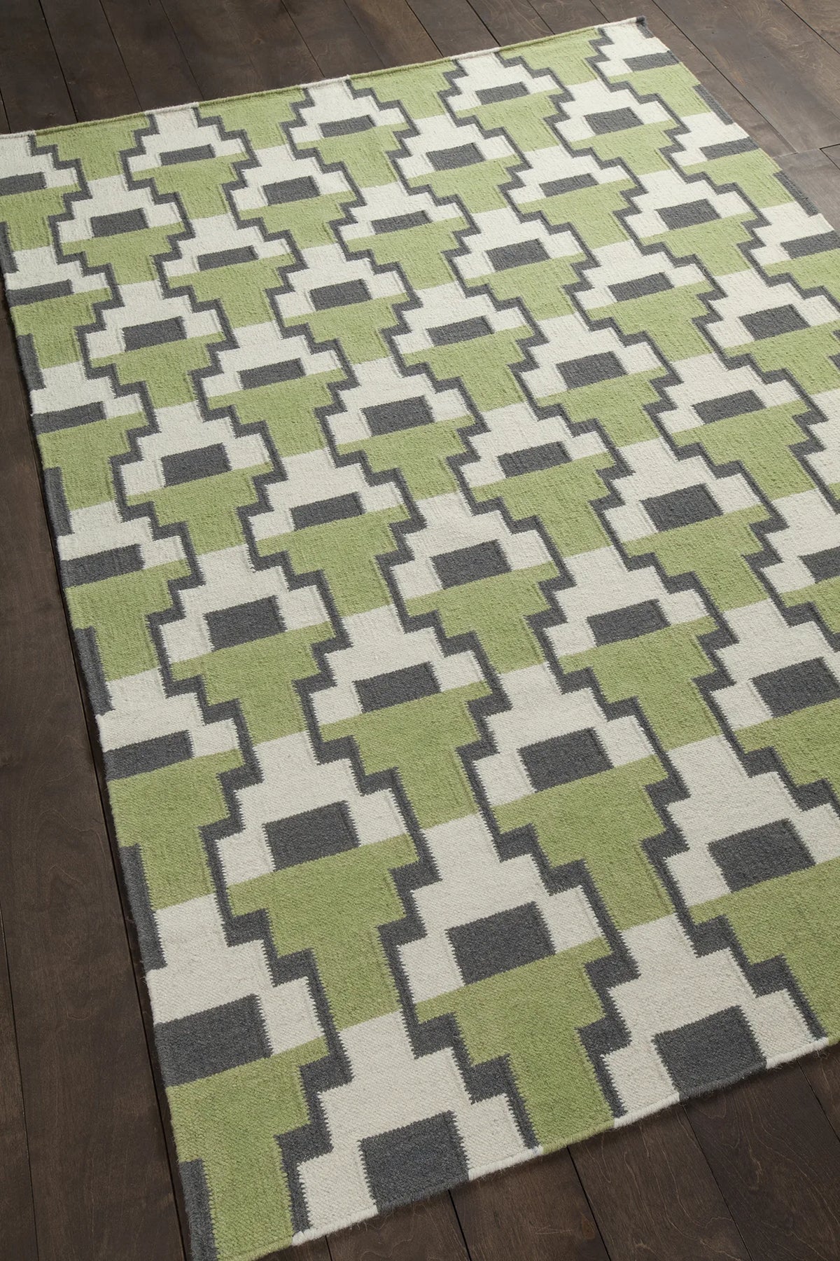 Chandra Avon AVO-34402 Green and Grey and White rug, angled side view