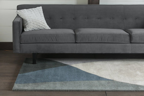 Chandra Bense Garza BEN-3003 Grey and Blue and Black rug, shown in a styled room setting