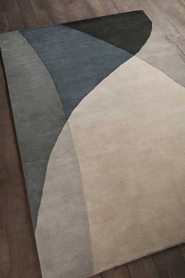 Chandra Bense Garza BEN-3003 Grey and Blue and Black rug, angled side view