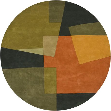 Chandra Bense Garza BEN-3014 Green and Orange round rug, flat view