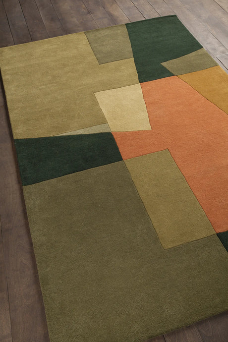 Chandra Bense Garza BEN-3014 Green and Orange rug, angled side view