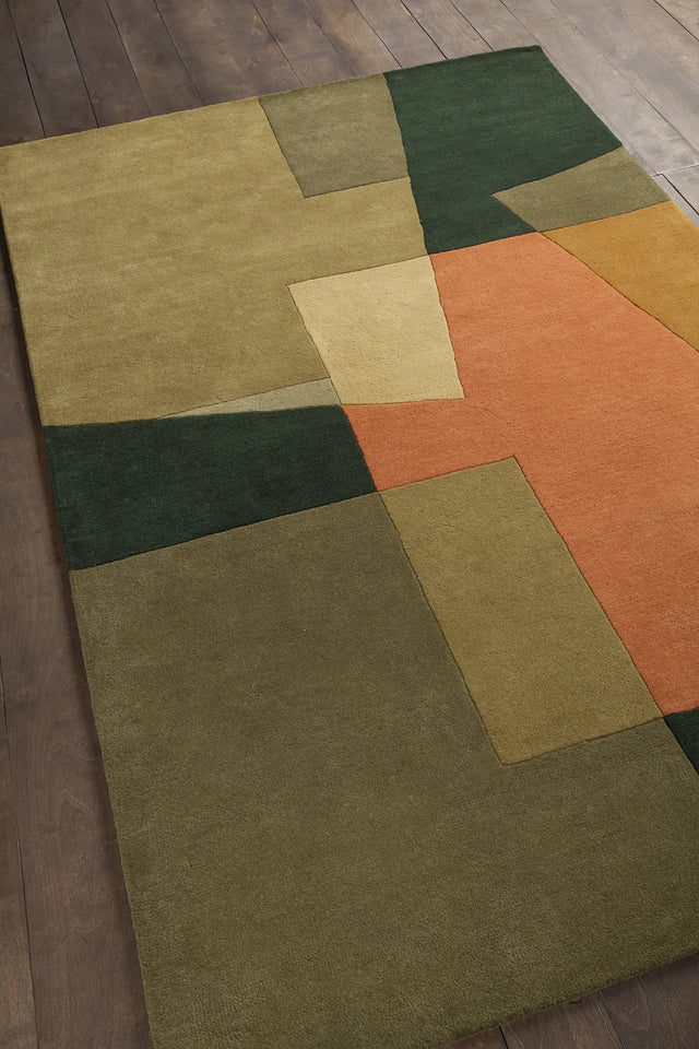 Chandra Bense Garza BEN-3014 Green and Orange rug, angled side view