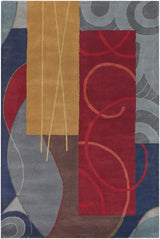 Chandra Bense Garza BEN-3015 Blue and Red and Gold and Grey and Brown rug, flat view