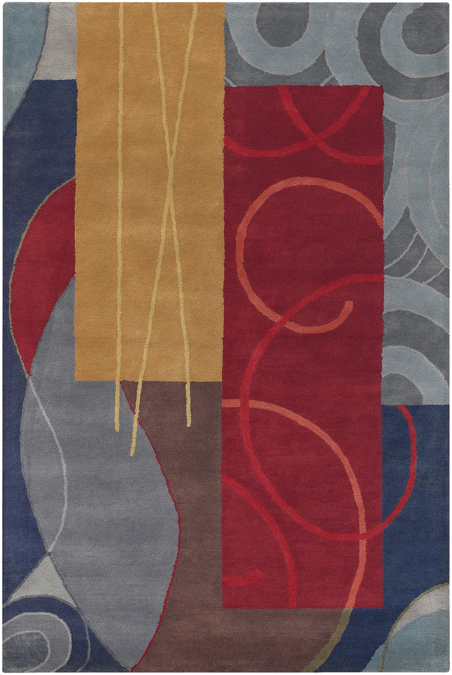 Chandra Bense Garza BEN-3015 Blue and Red and Gold and Grey and Brown rug, flat view